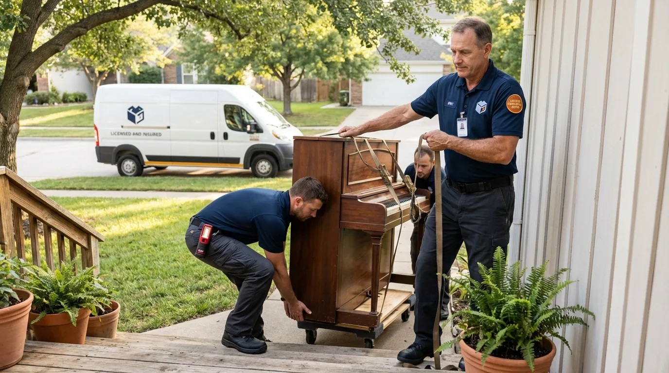 Licensed piano movers securing grand piano in Jenks, OK