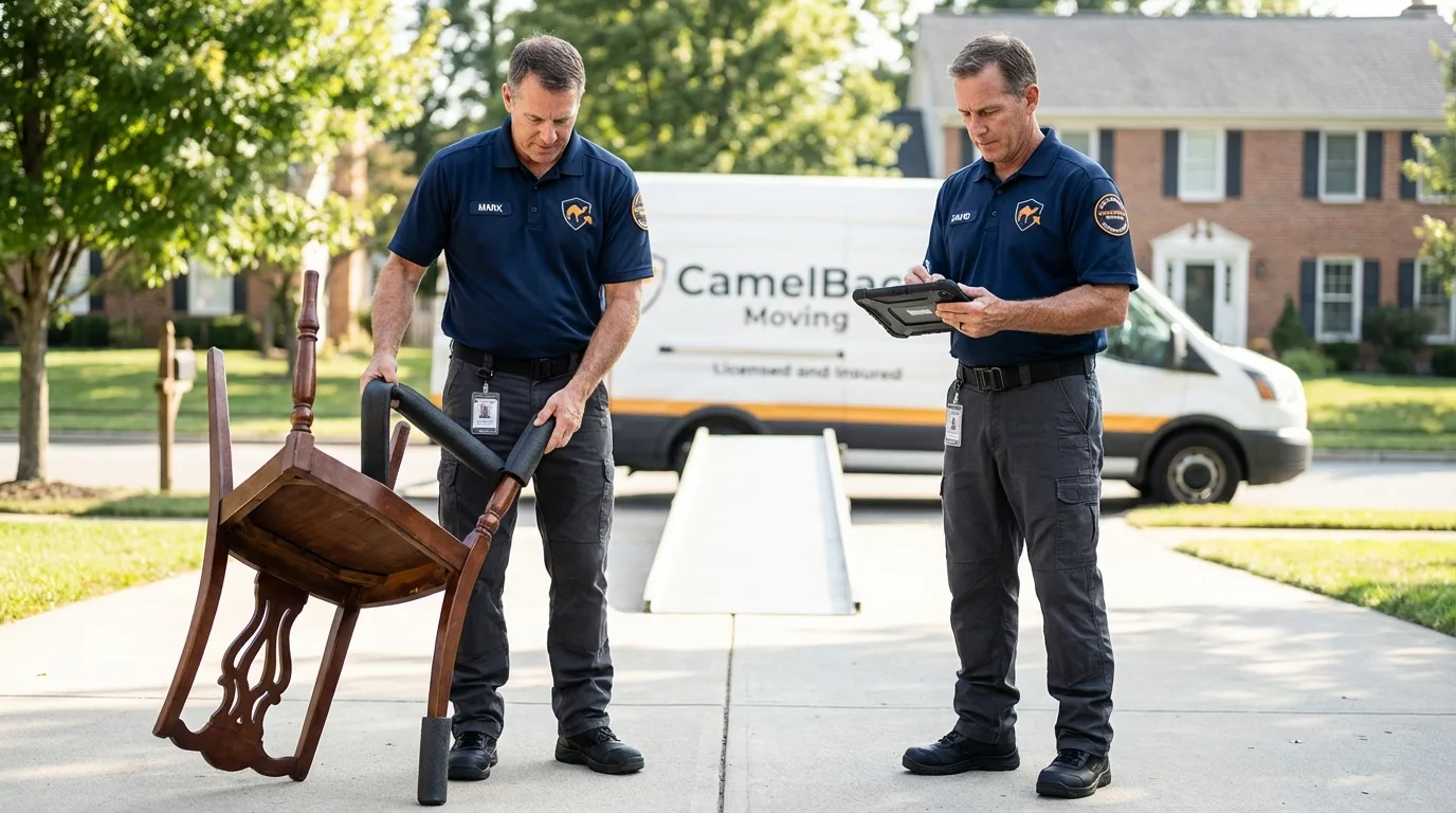 Movers inspecting furniture for damage prevention before loading in Jenks, OK