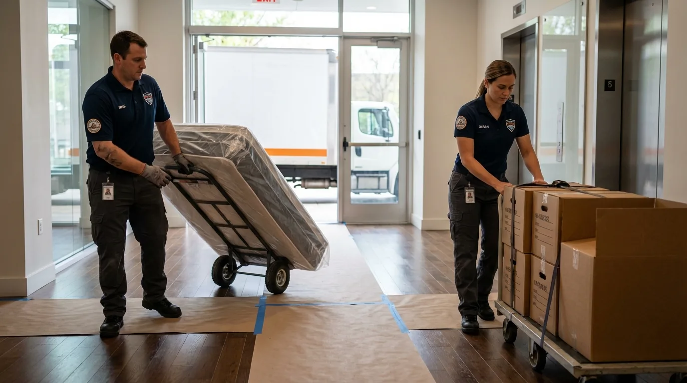 Professional apartment movers loading elevator in Jenks, OK