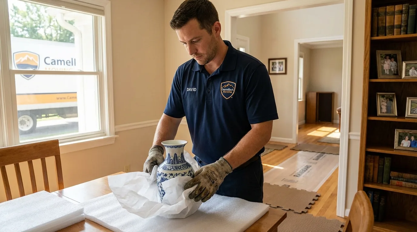 Professional crew carefully wrapping antique vase for senior downsizing move in Jenks, OK